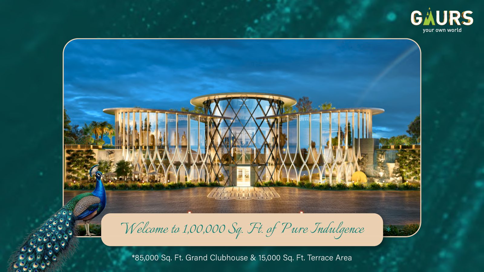 Gaur Alaris Grand Clubhouse exterior render, peacock-themed entrance — 85,000 sq.ft clubhouse plus 15,000 sq.ft terrace — artistic impression